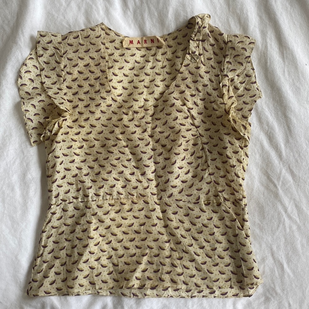 MARNI cream feather print silk blouse (s)